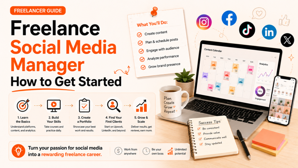 Freelance social media manager guide showing how to get started with skills, portfolio, clients, and growth
