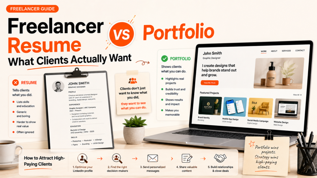 Freelancer resume vs portfolio comparison showing why clients prefer real work samples and proven results