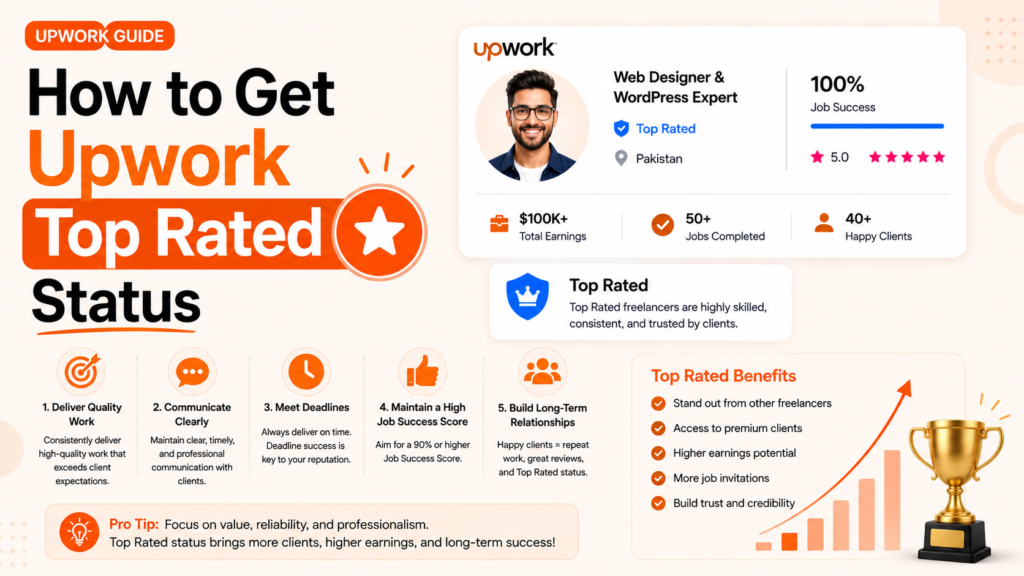 How to get Upwork Top Rated status by delivering quality work, meeting deadlines, and maintaining a high job success score