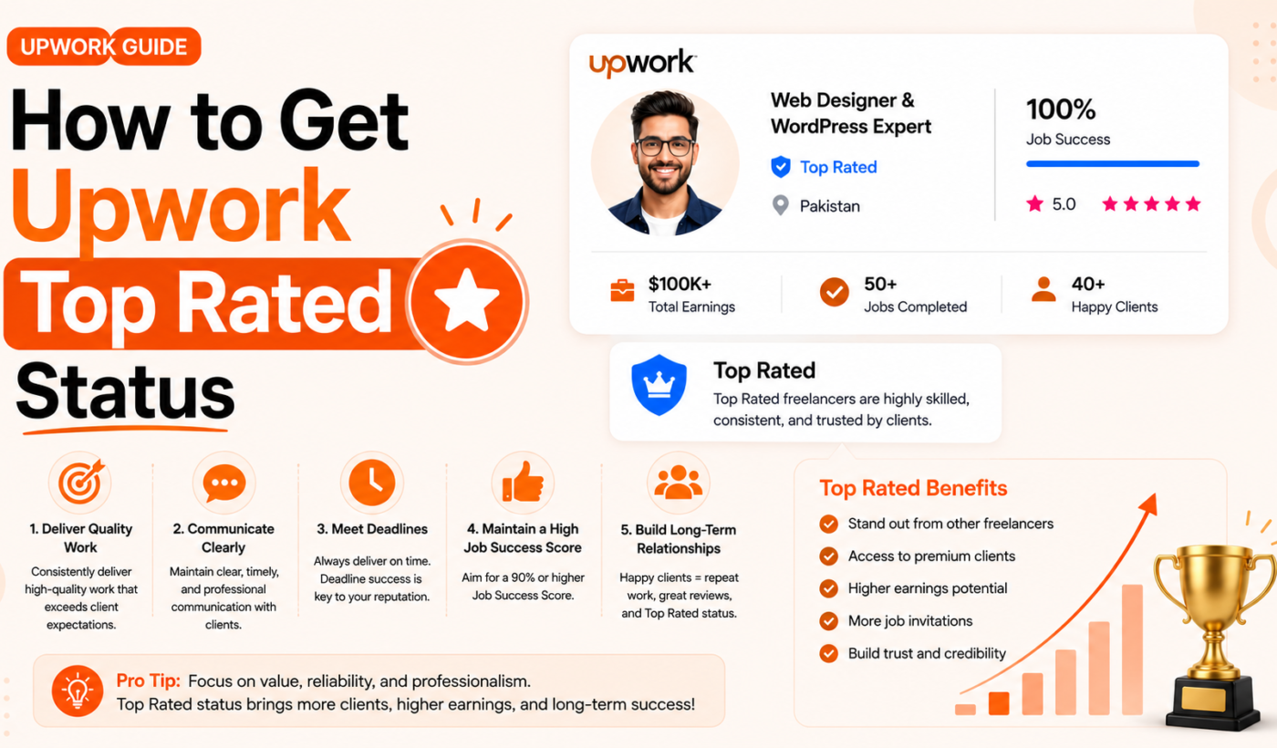 How to get Upwork Top Rated status by delivering quality work, meeting deadlines, and maintaining a high job success score