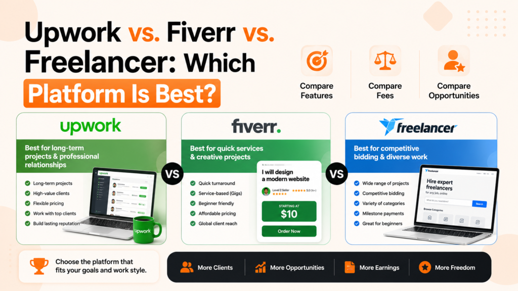 Upwork vs Fiverr vs Freelancer comparison of features, fees, work opportunities, and platform benefits