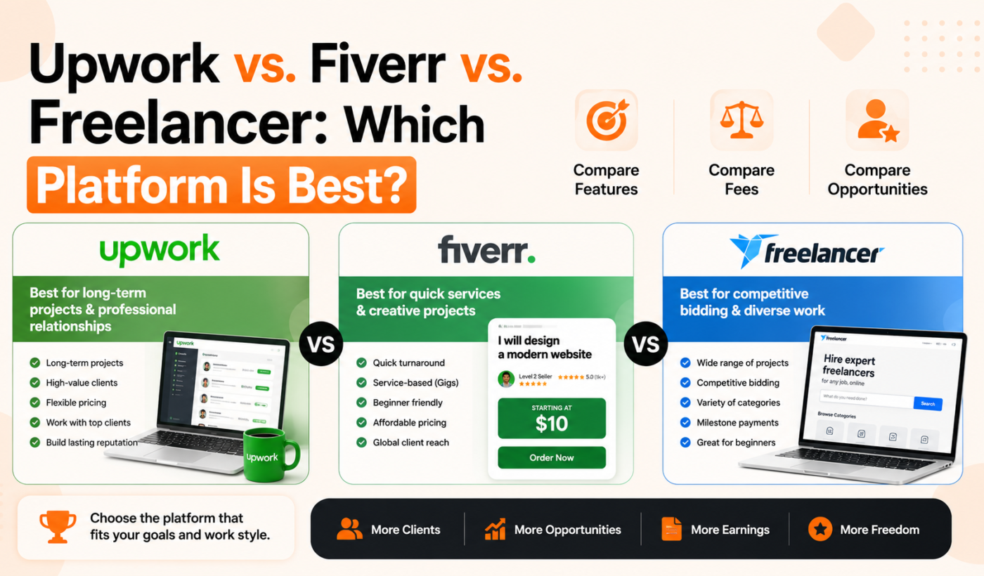 Upwork vs Fiverr vs Freelancer comparison of features, fees, work opportunities, and platform benefits