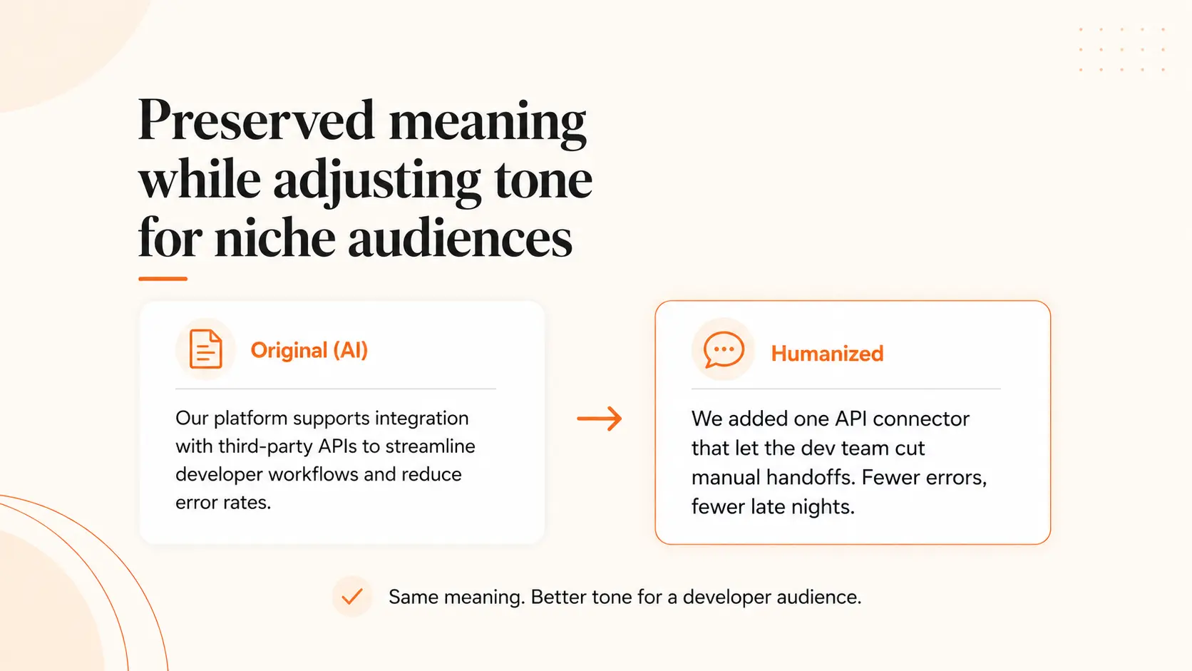 Preserved meaning while adjusting tone for niche audiences