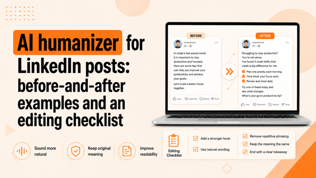 AI humanizer for LinkedIn posts showing before-and-after examples and an editing checklist