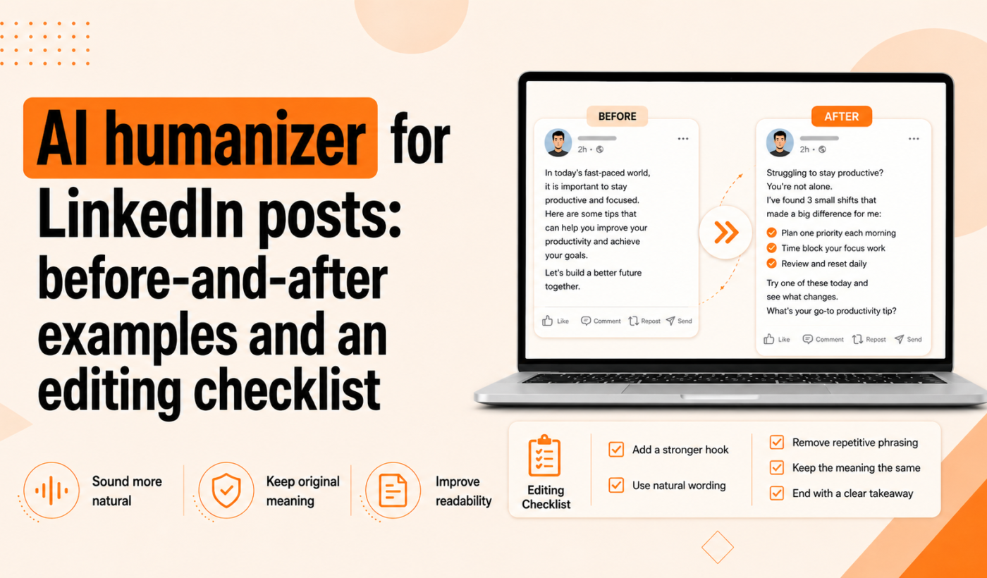 AI humanizer for LinkedIn posts showing before-and-after examples and an editing checklist