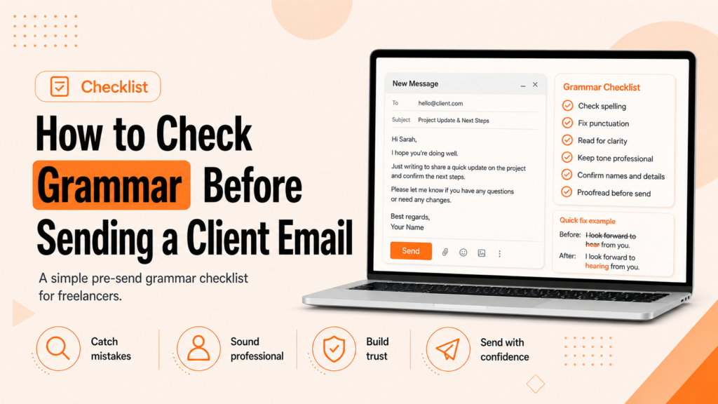 Grammar checklist for checking spelling, punctuation, clarity, tone, and client details before sending an email