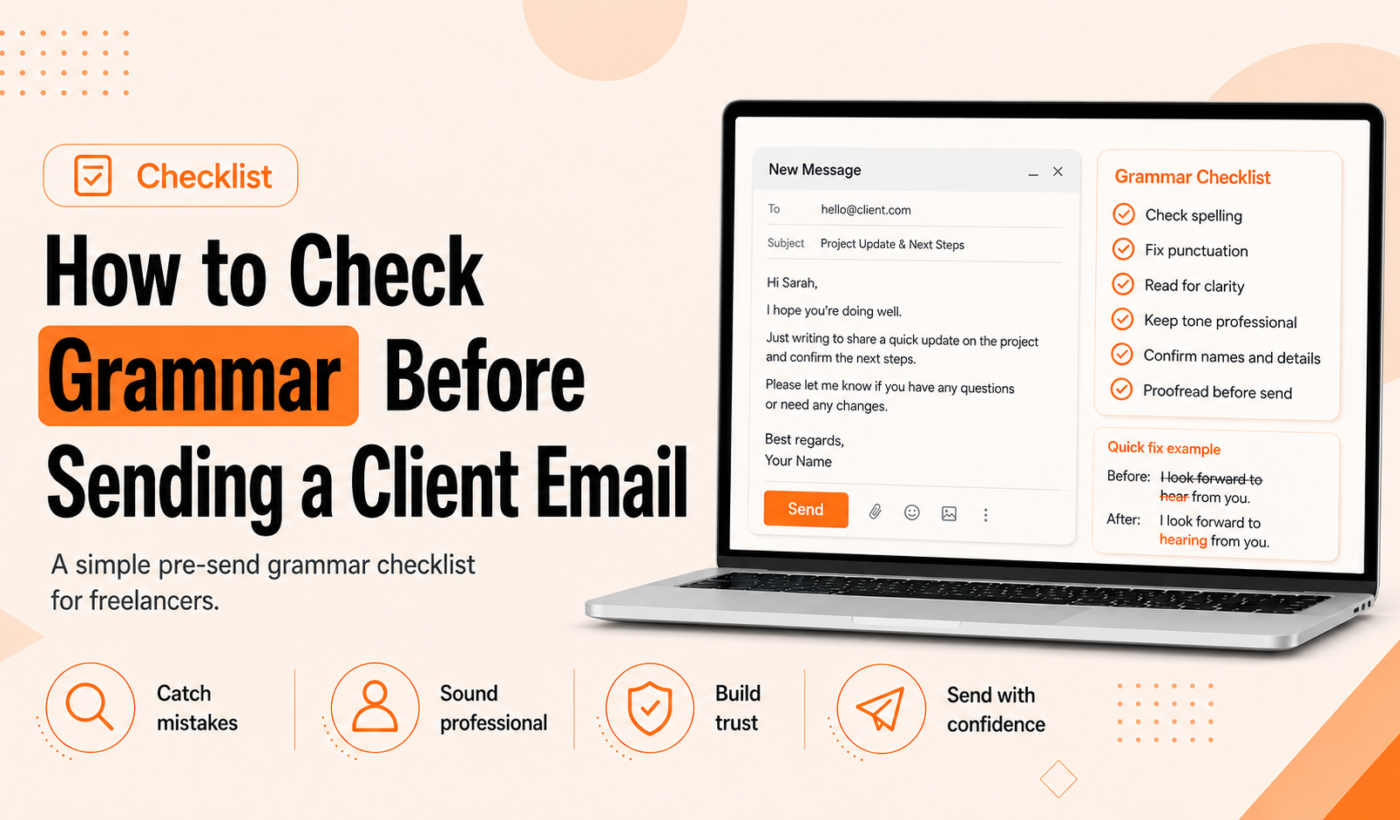 Grammar checklist for checking spelling, punctuation, clarity, tone, and client details before sending an email