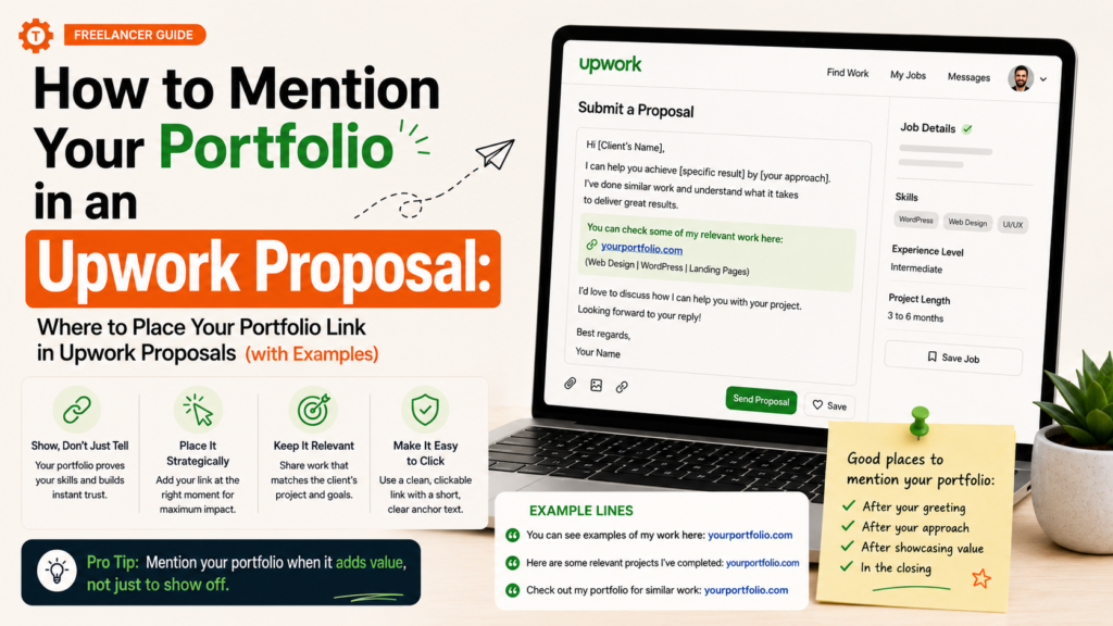 How to mention your portfolio in an Upwork proposal and where to place the portfolio link with examples