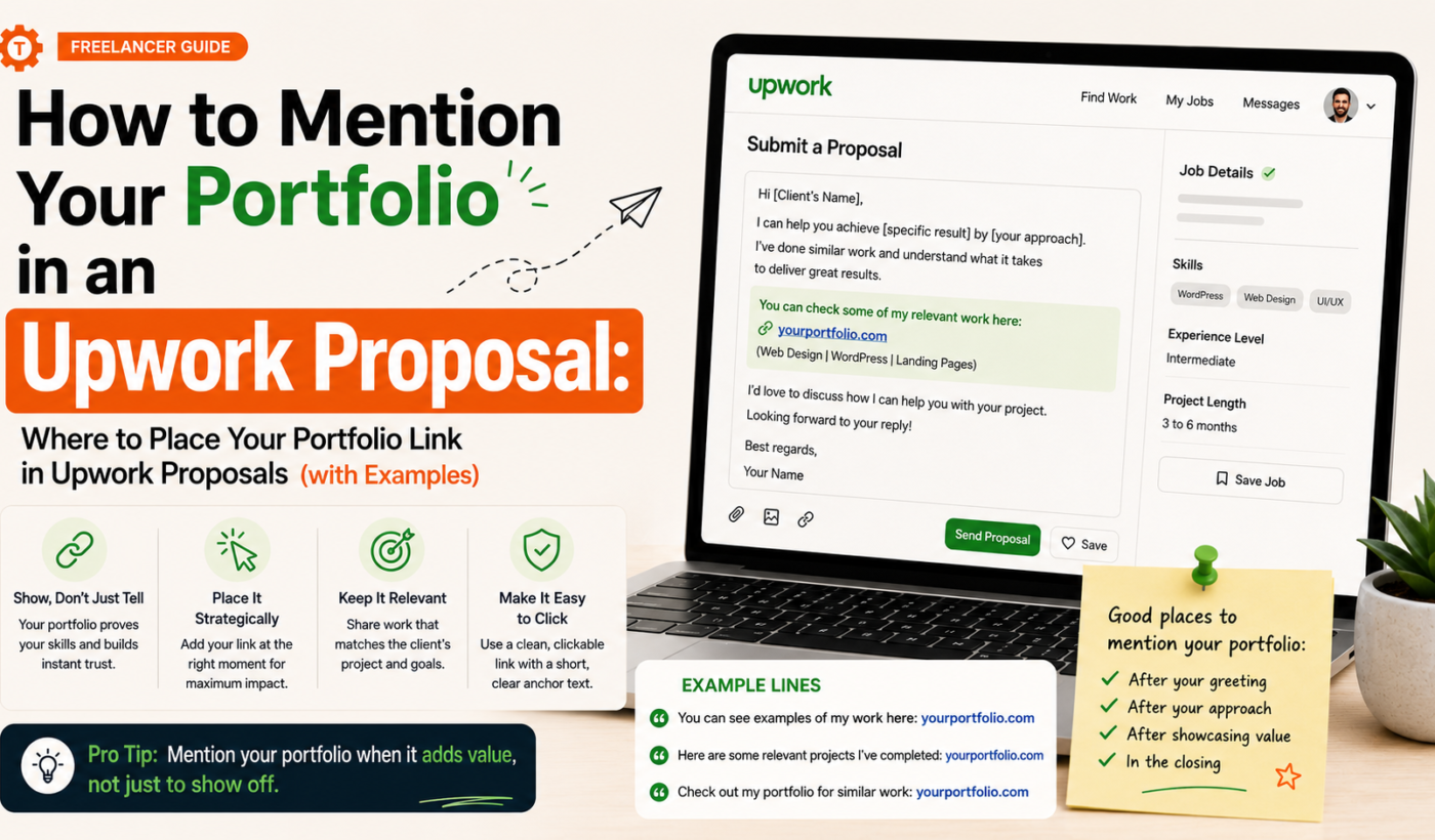 How to mention your portfolio in an Upwork proposal and where to place the portfolio link with examples