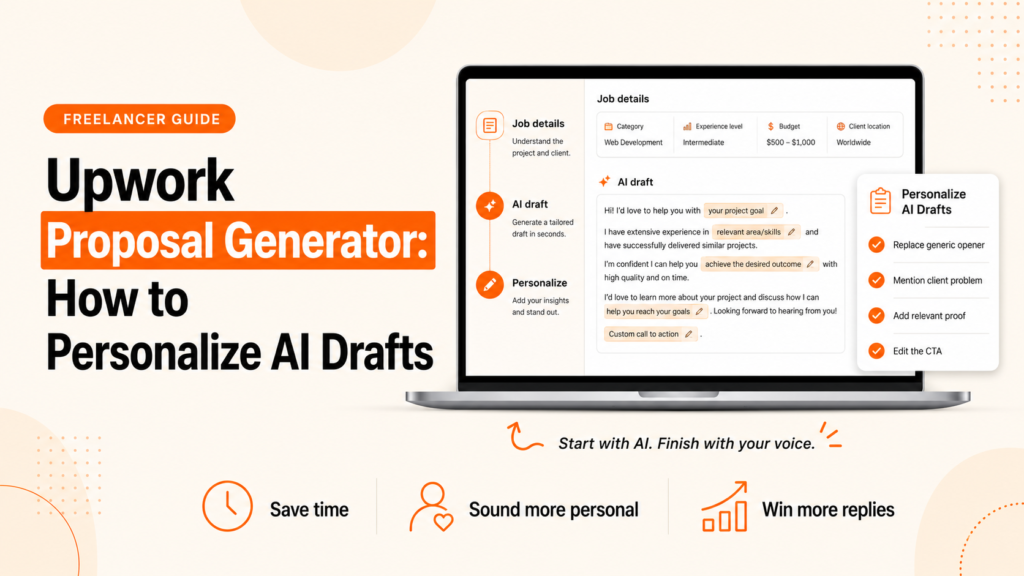 Upwork proposal generator showing how to personalize AI drafts with client details, relevant proof, and a custom call to action