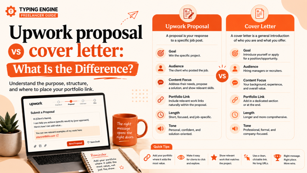 Upwork proposal vs cover letter comparison showing the difference in goal, audience, structure, tone, and portfolio placement