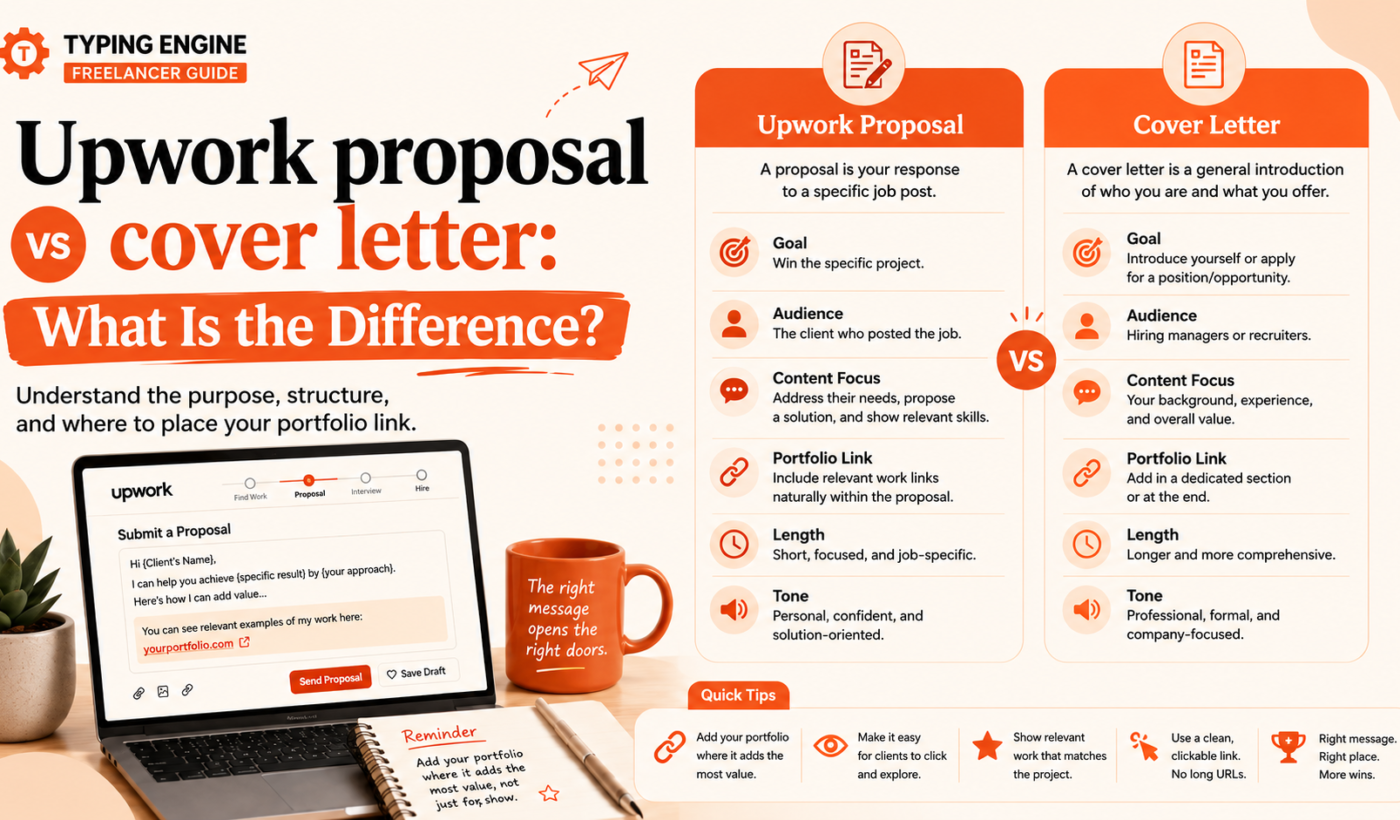 Upwork proposal vs cover letter comparison showing the difference in goal, audience, structure, tone, and portfolio placement