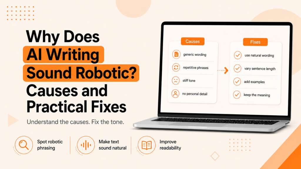 Why AI writing sounds robotic, with common causes and practical fixes for making text sound more natural