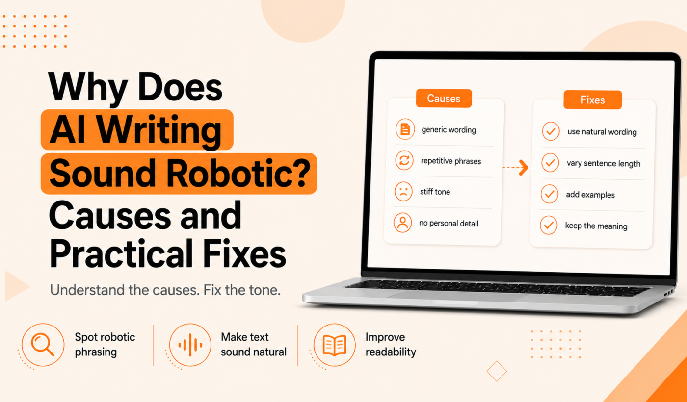 Why AI writing sounds robotic, with common causes and practical fixes for making text sound more natural