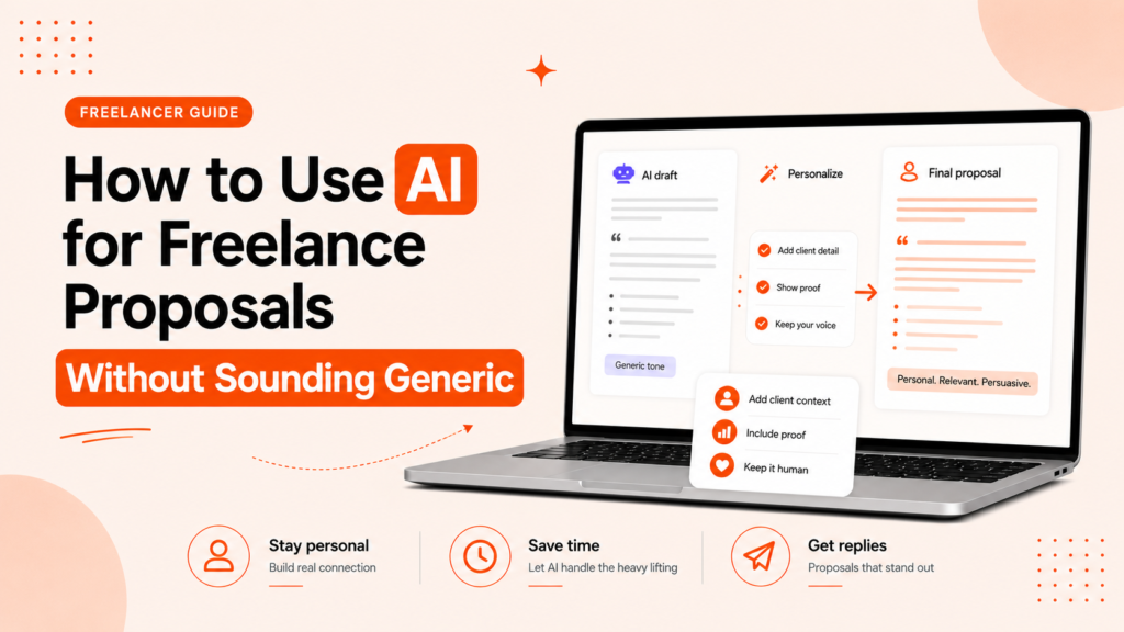 Illustration showing how to use AI for freelance proposals without sounding generic, with AI draft, personalization, and final proposal workflow.