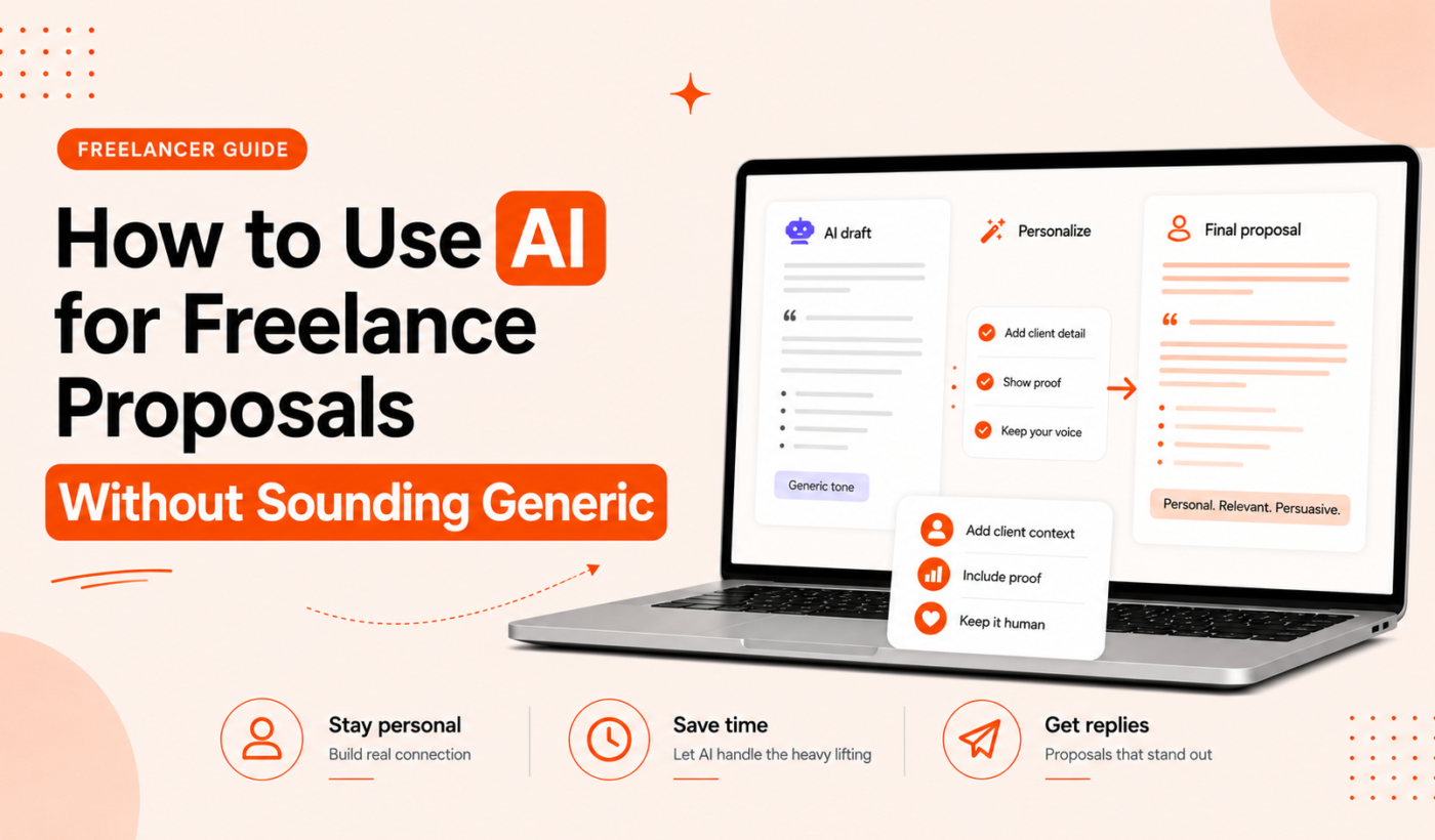 Illustration showing how to use AI for freelance proposals without sounding generic, with AI draft, personalization, and final proposal workflow.