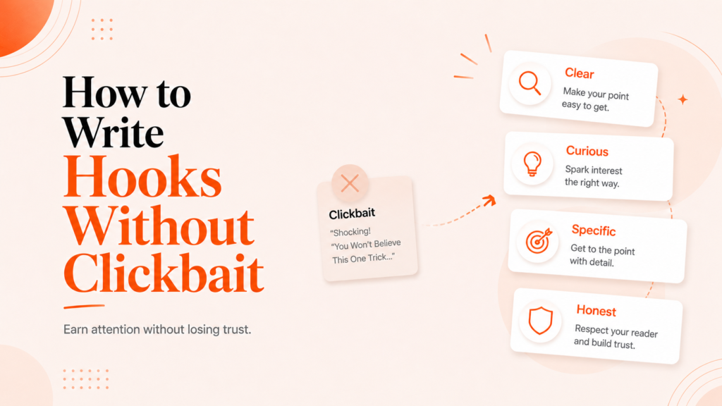 How to write hooks without clickbait using clear, curious, specific, and honest writing techniques