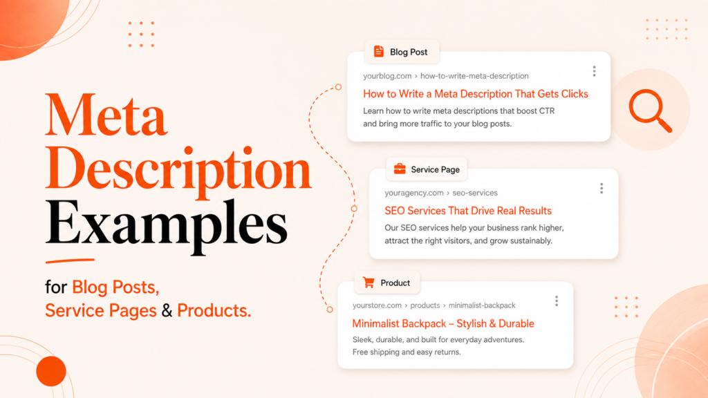 Meta description examples for blog posts, service pages, and products shown in a clean SEO-themed featured image.