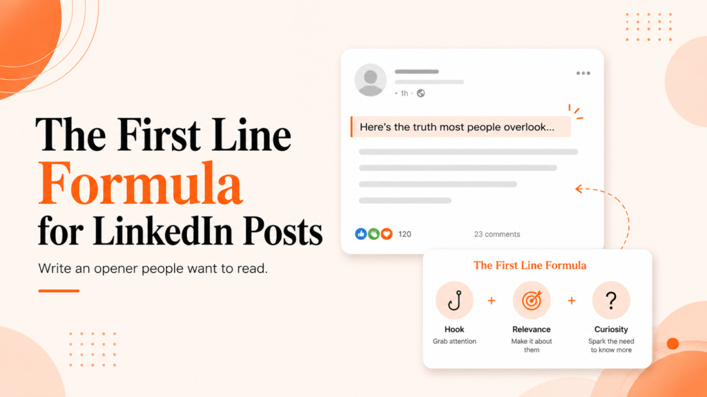 The First Line Formula for LinkedIn Posts featured image with LinkedIn post mockup and a hook, relevance, and curiosity formula.