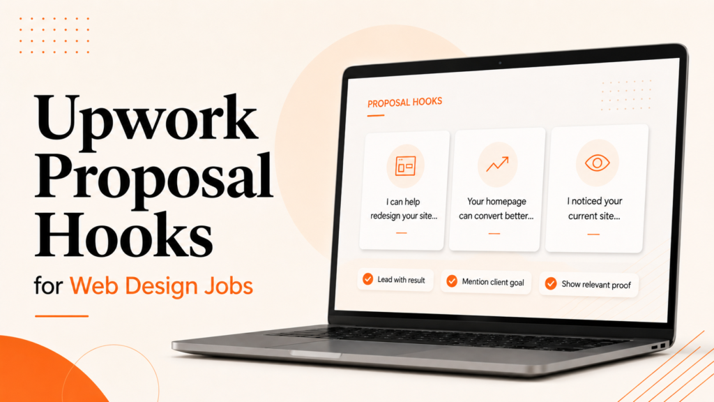 Upwork proposal hooks for web design jobs featured image with laptop and sample proposal openings.