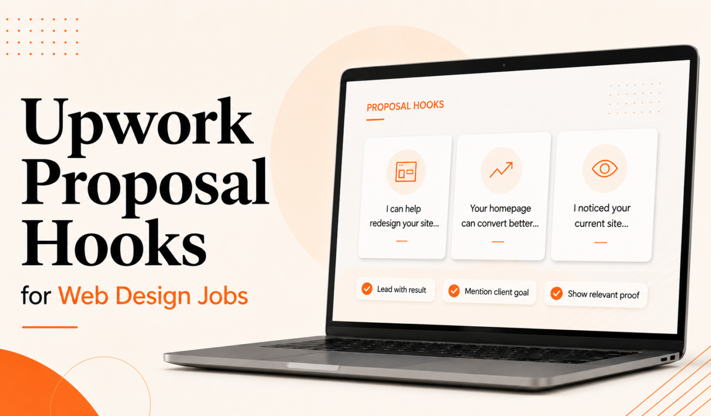 Upwork proposal hooks for web design jobs featured image with laptop and sample proposal openings.