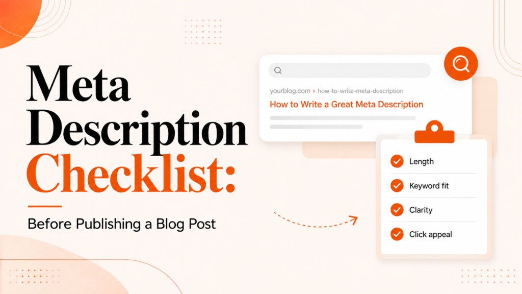 Meta description checklist featured image with search preview and checklist before publishing a blog post.