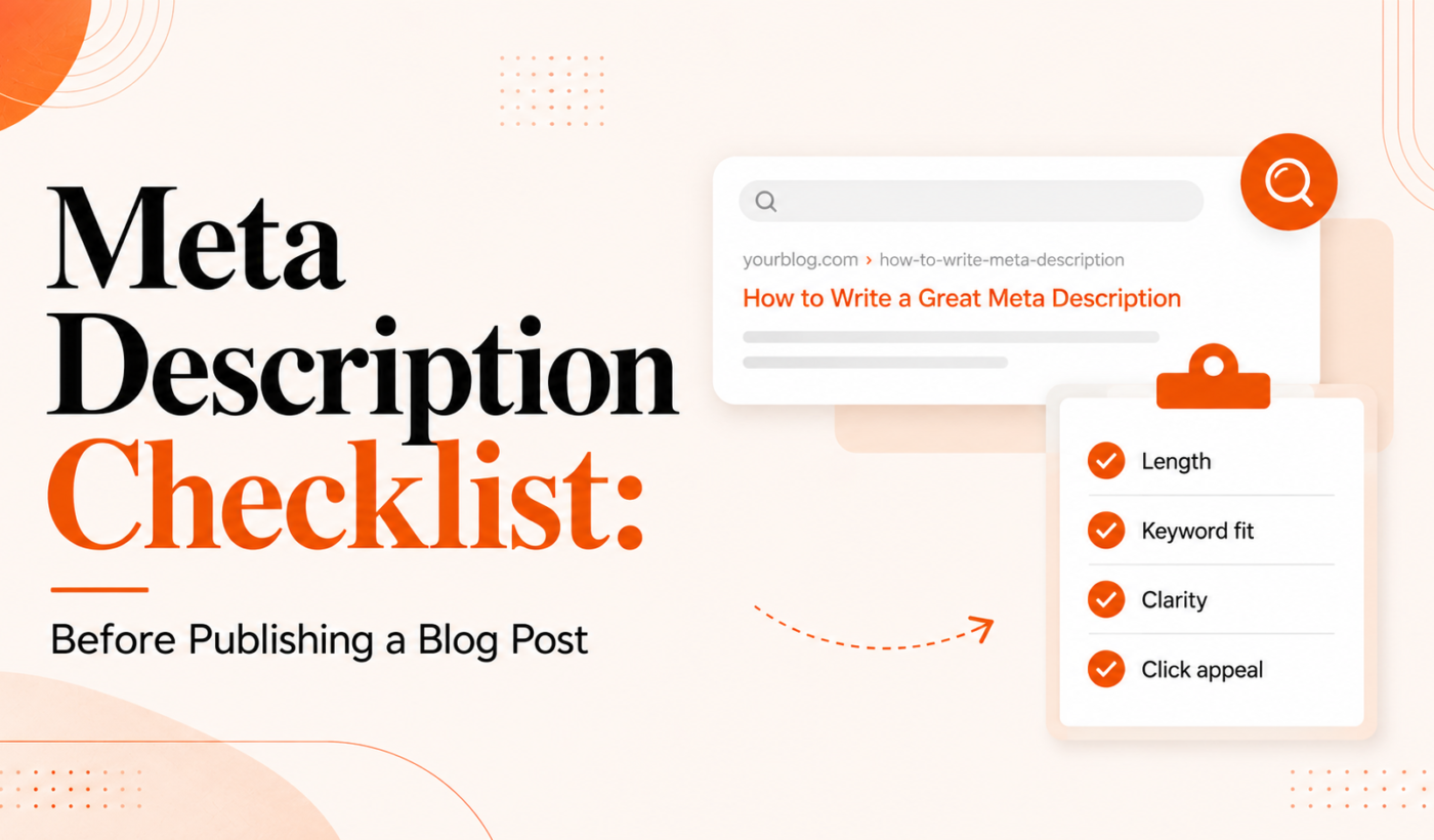 Meta description checklist featured image with search preview and checklist before publishing a blog post.
