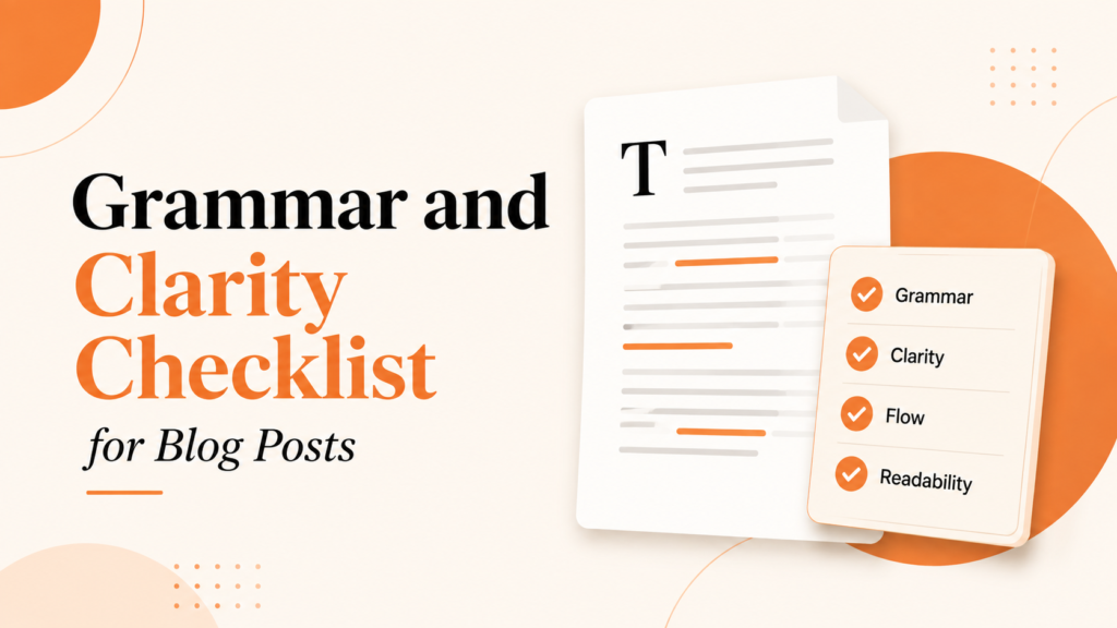 Grammar and clarity checklist for blog posts with document and editing checklist illustration