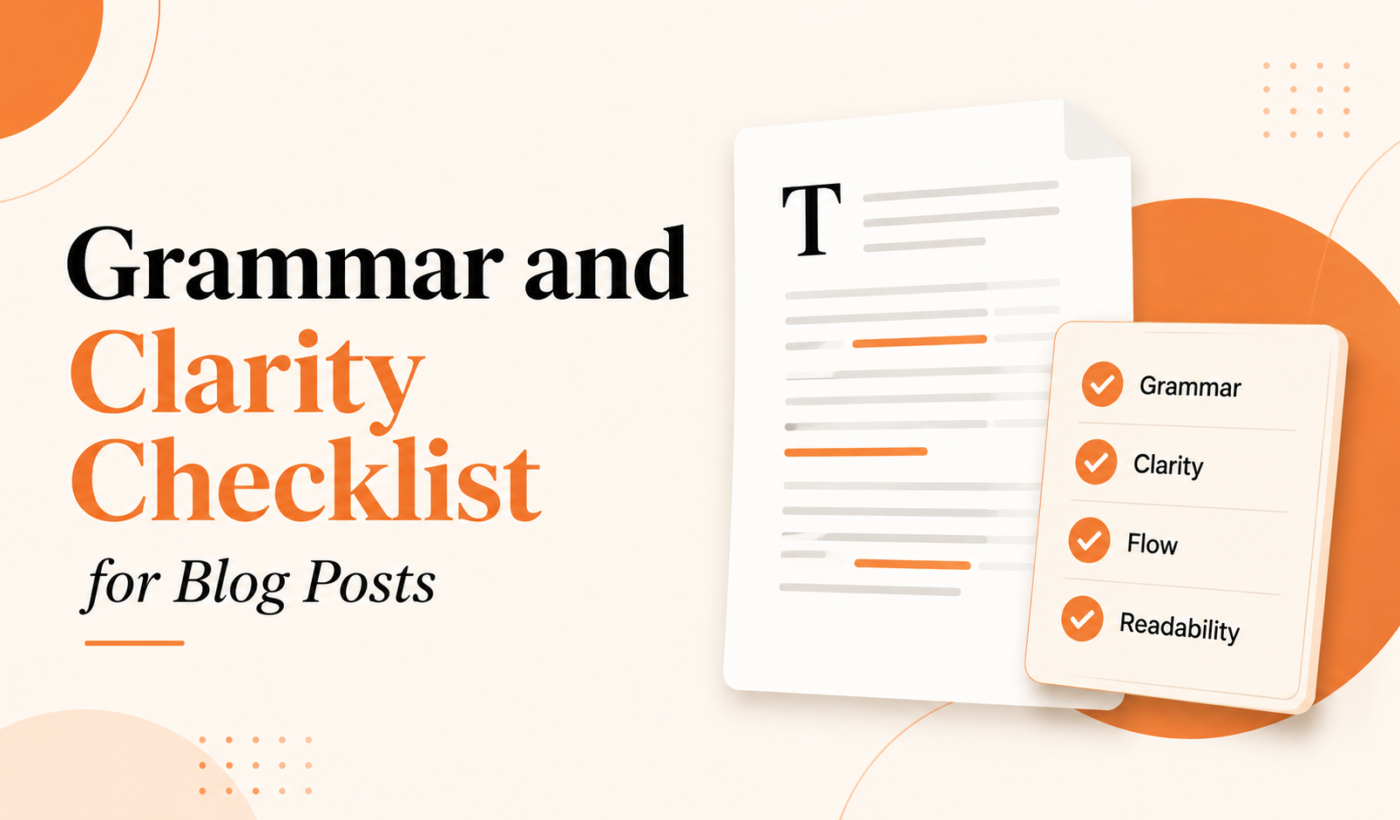 Grammar and clarity checklist for blog posts with document and editing checklist illustration