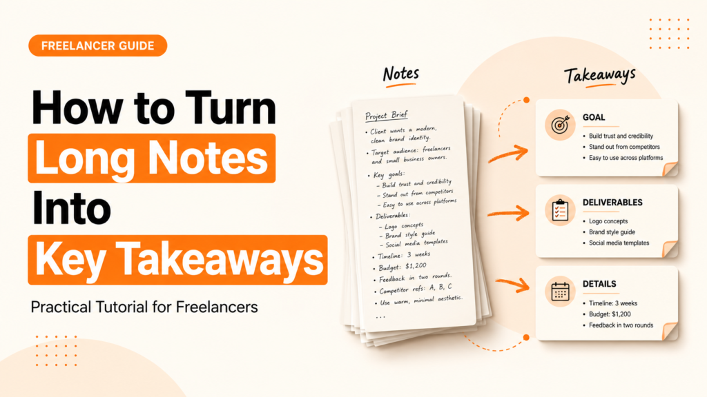 Infographic showing how to turn long notes into key takeaways for freelancers with sections for goals, deliverables, and project details.