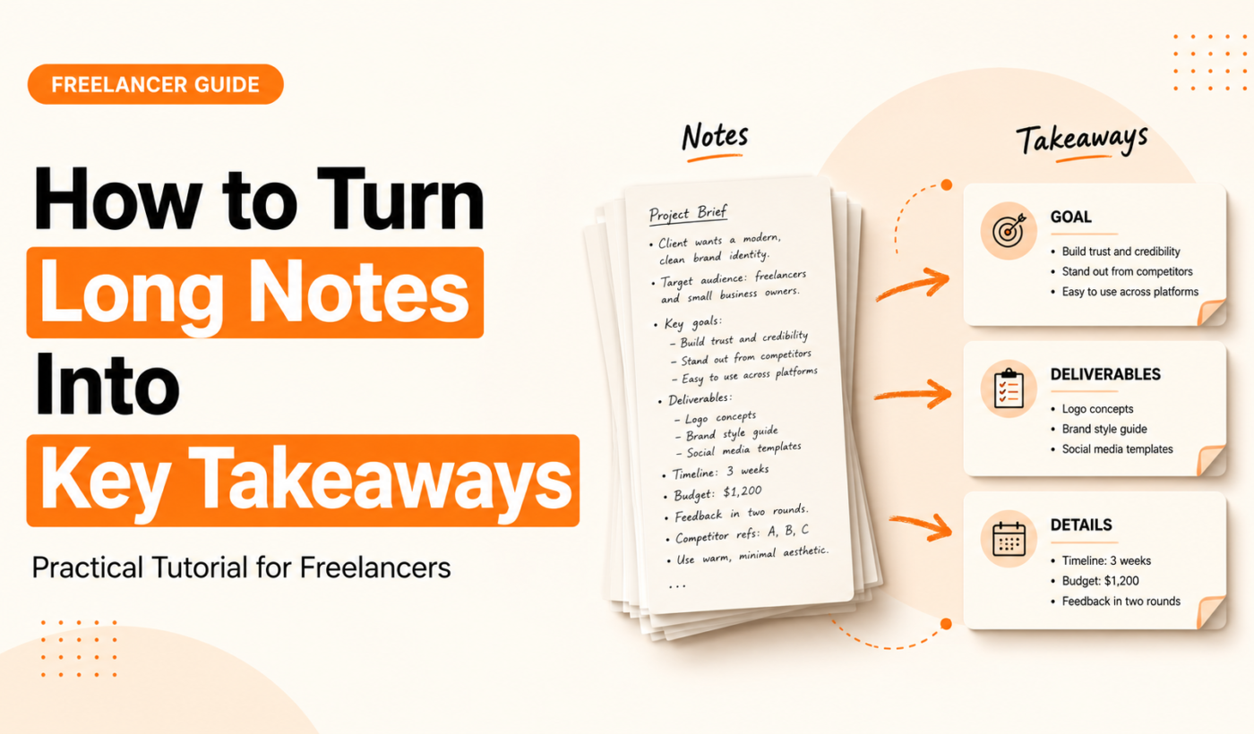 Infographic showing how to turn long notes into key takeaways for freelancers with sections for goals, deliverables, and project details.