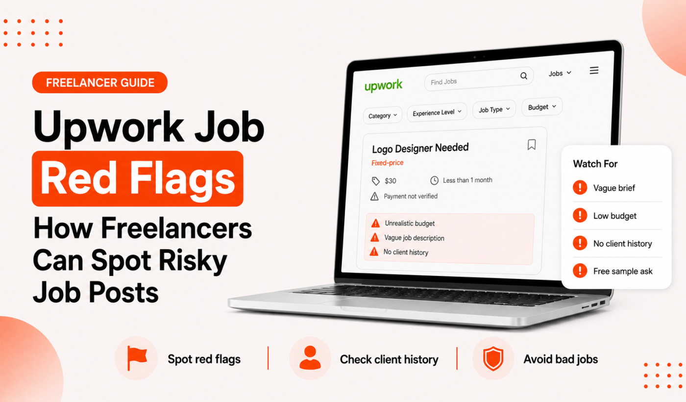 Upwork job red flags featured image showing how freelancers can spot risky job posts and avoid bad freelance jobs