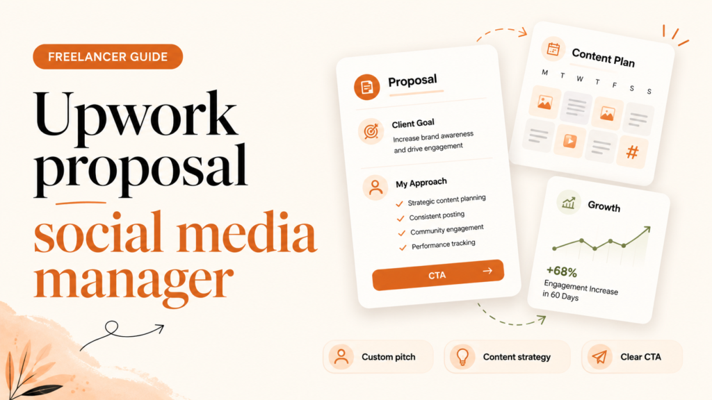 Upwork proposal for social media manager showing a proposal, content plan, growth results, and clear CTA