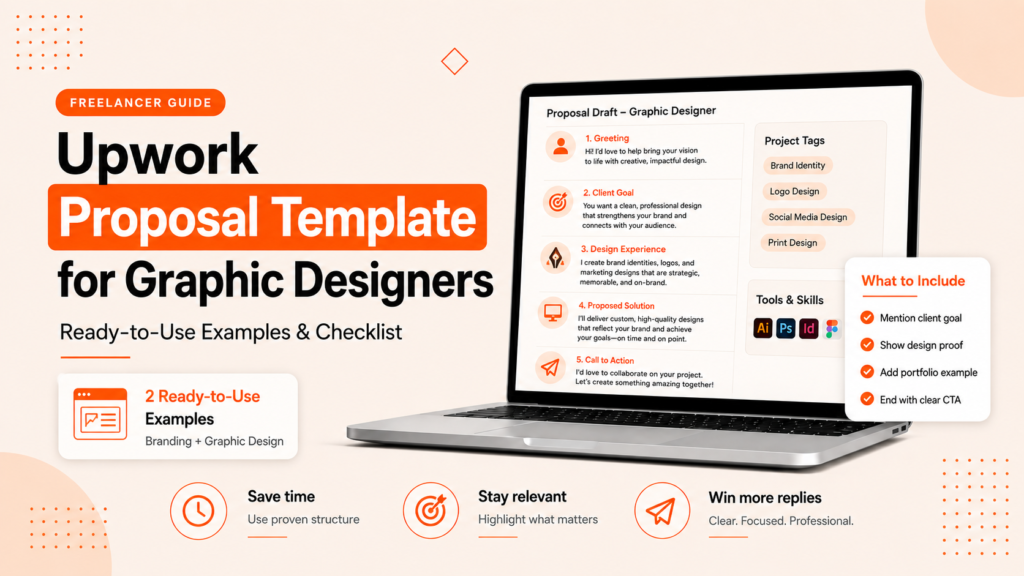 Upwork proposal template for graphic designers with ready-to-use examples, checklist, and proposal draft shown on a laptop screen.