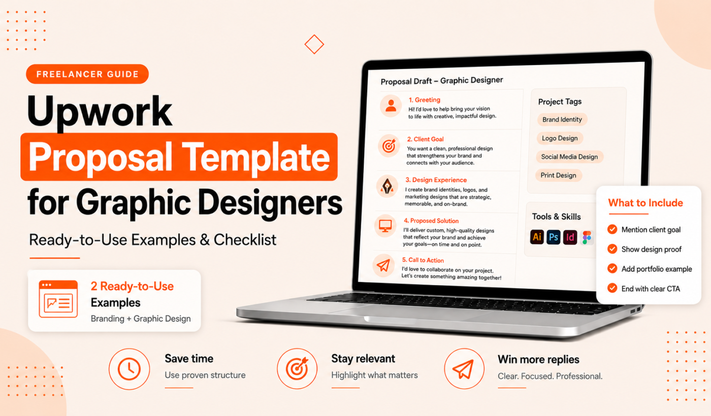 Upwork proposal template for graphic designers with ready-to-use examples, checklist, and proposal draft shown on a laptop screen.