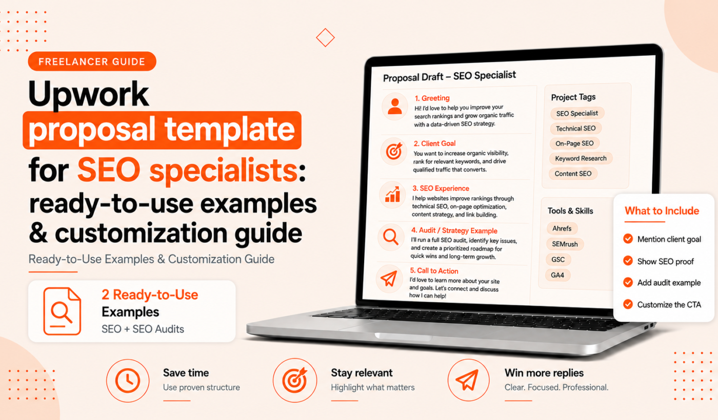 Upwork proposal template for SEO specialists with ready-to-use examples, SEO audit proof, tools, and customization tips