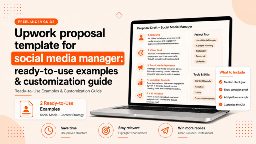 Upwork proposal template for social media managers with ready-to-use examples, campaign proof, platform details, and customization tips