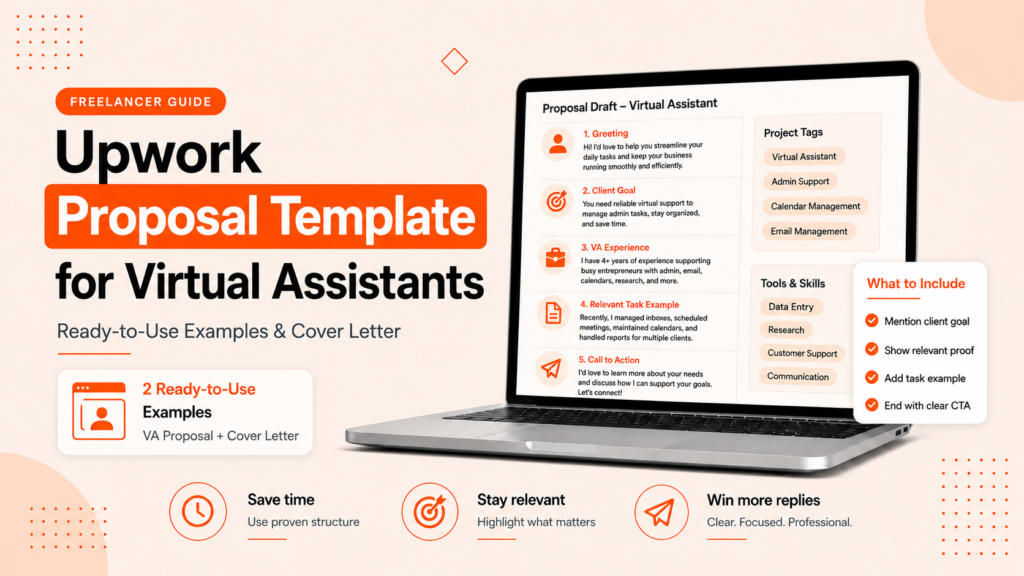 Upwork proposal template for virtual assistants with ready-to-use examples, cover letter guidance, and a client-focused checklist