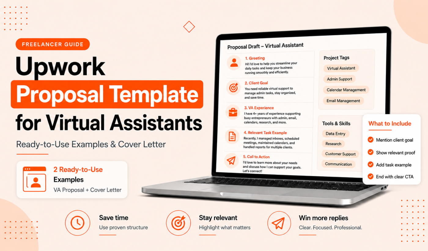 Upwork proposal template for virtual assistants with ready-to-use examples, cover letter guidance, and a client-focused checklist