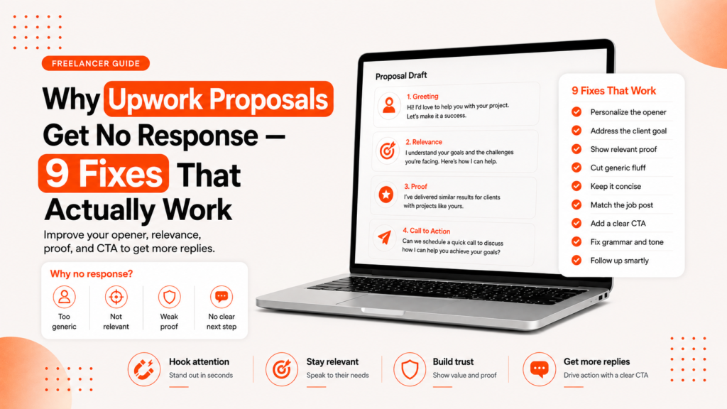Infographic showing why Upwork proposals get no response and 9 fixes that actually work for freelancers