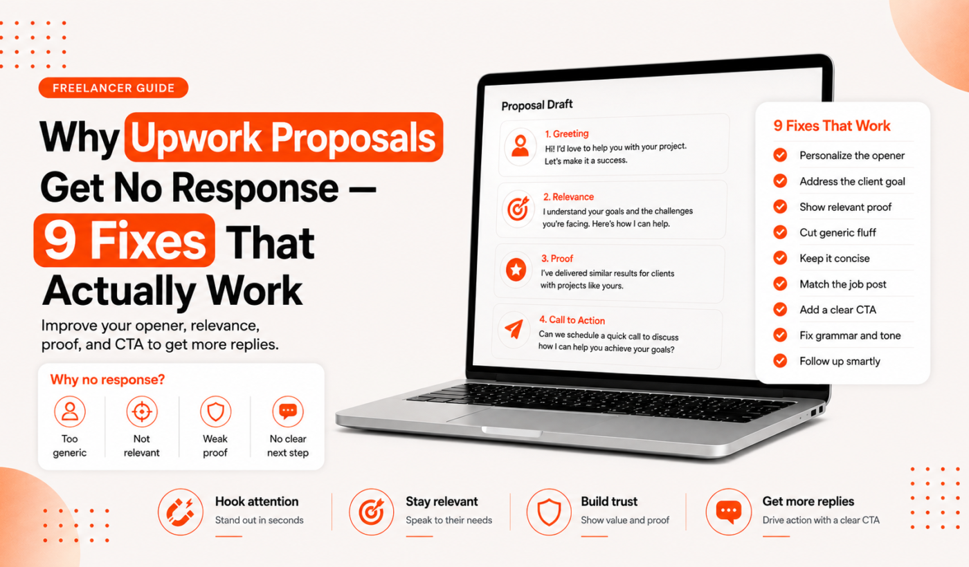 Infographic showing why Upwork proposals get no response and 9 fixes that actually work for freelancers