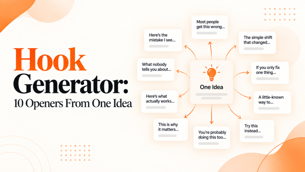 Hook generator featured image showing one central idea branching into multiple hook opener examples.