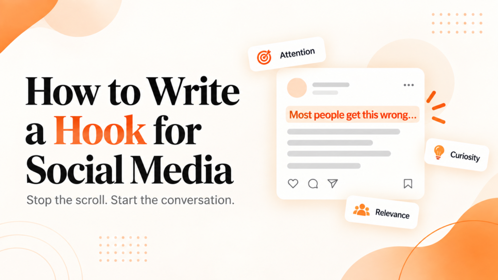 Featured image for How to Write a Hook for Social Media with a social media post mockup and orange attention, curiosity, and relevance labels.