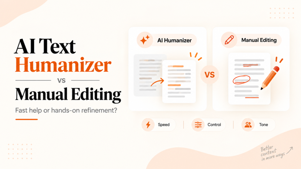 AI text humanizer vs manual editing comparison showing speed, control, and tone for improving written content