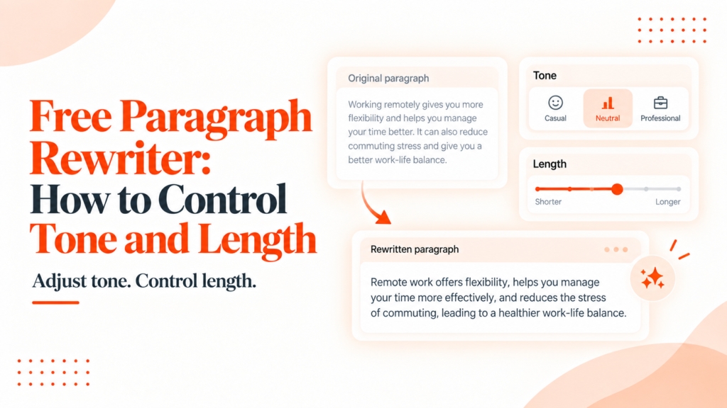 Free paragraph rewriter featured image showing tone options, length control, original paragraph, and rewritten paragraph.
