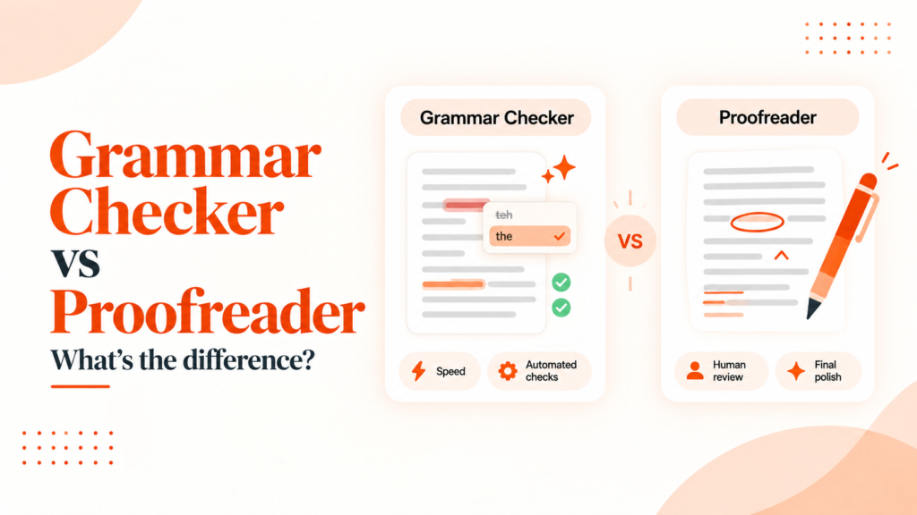 Grammar checker vs proofreader comparison showing automated grammar checks and human proofreading for final polish