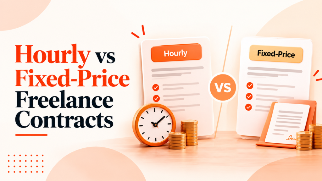 Hourly vs fixed-price freelance contracts comparison with clock, contract cards, and payment illustration