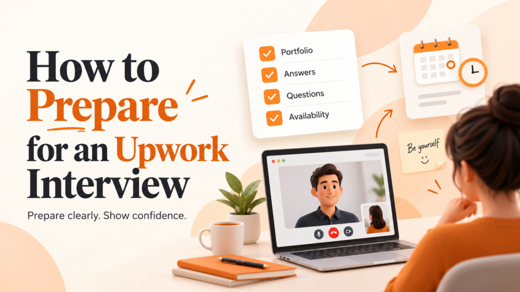 How to Prepare for an Upwork Interview featured image with an Upwork interview checklist, laptop video call, calendar, and workspace illustration.