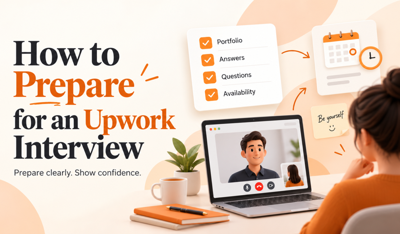 How to Prepare for an Upwork Interview featured image with an Upwork interview checklist, laptop video call, calendar, and workspace illustration.