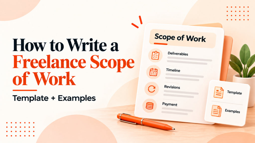 Freelance scope of work featured image showing deliverables, timeline, revisions, payment, template, and examples